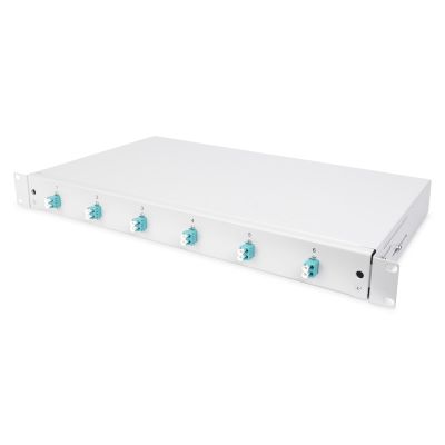 9. FO patch panel with equipment 19'' 1U, 6x LC dx, OM3, pigtails, adapters, trays, sliding, gray