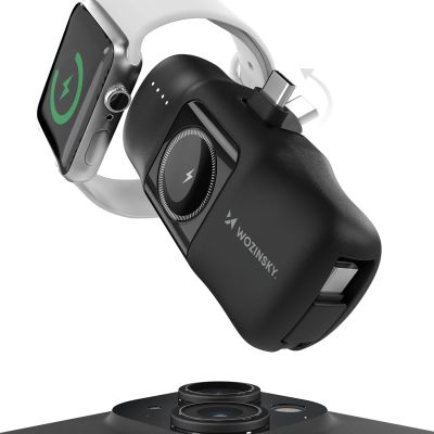 3. Wozinsky WF16-YCS 5000mAh 15W USB-C Mini Power Bank with Built-in USB-C Cable and Apple Watch Charger - Black