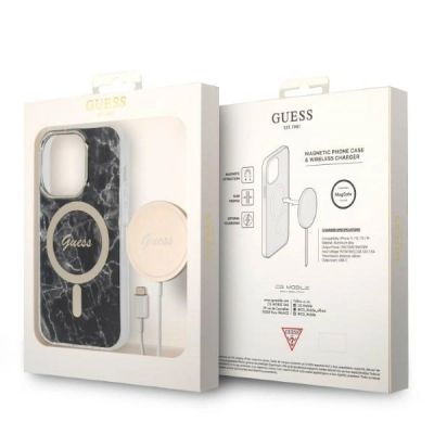 10. Set Guess GUBPP14LHMEACSK Case+ Charger iPhone 14 Pro 6.1" black/black hard case Marble MagSafe