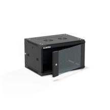 19" 6U 600x450 wall-mounted cabinet, (double-section option), single-leaf glass door, removable full rear cover, removable full side covers, lockable, 4 beams, black, for self-assembly - Flat Pack, ALANTEC