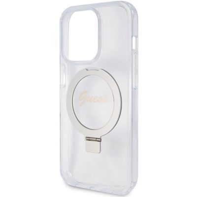 6. Guess Ring Stand Script Glitter MagSafe case for iPhone 15 Pro - transparent