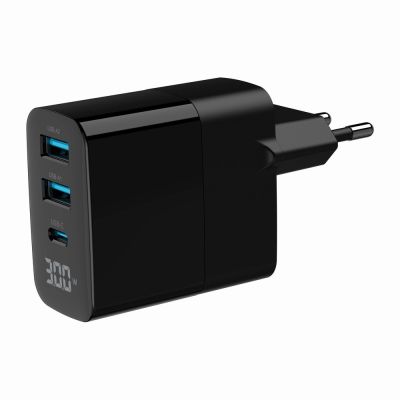 5. GEMBIRD 3-Port GaN USB Fast Mains Charger (PD) (2x USB-A + 1x USB Type-C), 30 W, LCD, Black