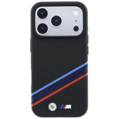 3. BMW M Quadrille Kevlar Print Tricolor Lines & Metal Logo MagSafe Case for iPhone 18 Pro / 17 Pro - Black