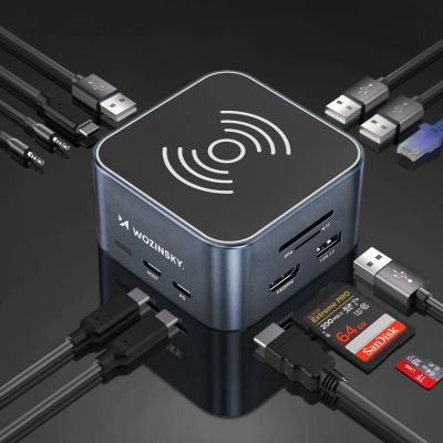 6. Hub USB-C 12 in 1 Wozinsky WHBC09Y8S multifunctional, with wireless charging function, aluminum, with 15 cm cable - gray