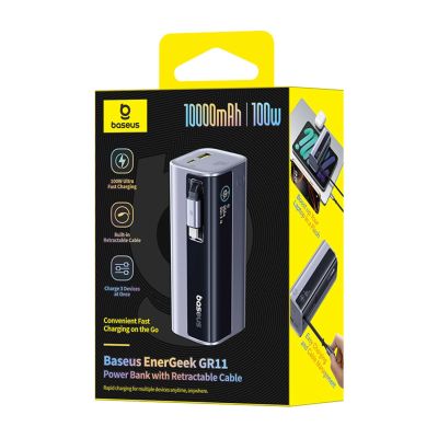 4. Baseus EnerGeek GR11 10000mAh 100W Power Bank with Retractable Cable - Gray
