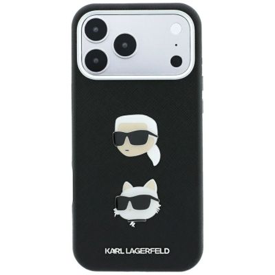 3. Karl Lagerfeld Saffiano Case with Karl & Choupette Heads Pins & Logo for iPhone 18 Pro Max / 17 Pro Max - Black