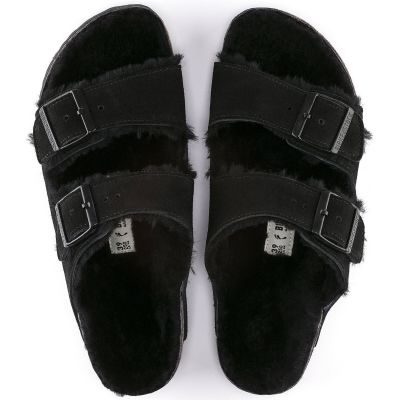 8. Birkenstock Arizona VL Shearling Black Suede Leather Regular Wide Women's Insulated Flip-Flops with Lambswool (0752661)
