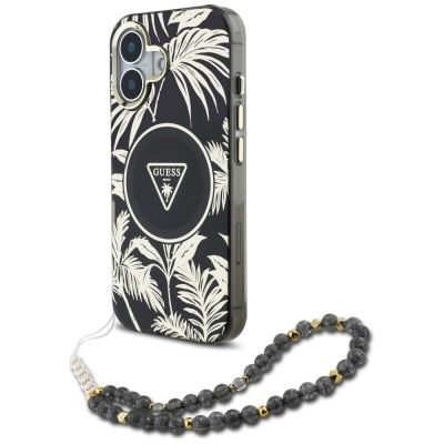Guess Palm Trees Triangle Pearl Strap MagSafe case for iPhone 16 black