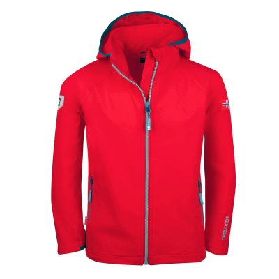 Trollkids Kids Kvalvika Jacket red hooded softshell jacket for girls/boys (328-414)