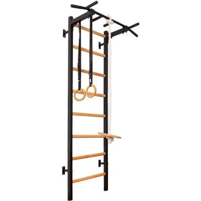 19. WOODEN AND METAL GYMNASTIC WALL BAR WITH WOODEN BAR AND ACCESSORIES BENCHK 221B A076