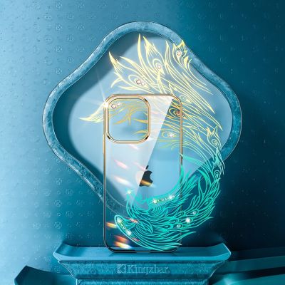 6. Luxury iPhone 14 Plus Case with Kingxbar Phoenix Crystals - Gold and Blue