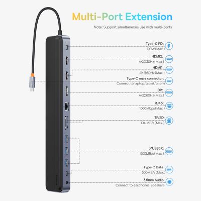 11. Baseus EliteJoy Gen2 Universal 12-in-1 USB HUB with 25cm USB-C Cable, Notebook Stand, USB-A / USB-C / DP / HDMI / SD / TF / RJ45 / 3.5mm Jack / PD 100W Gray (WKSX030213)