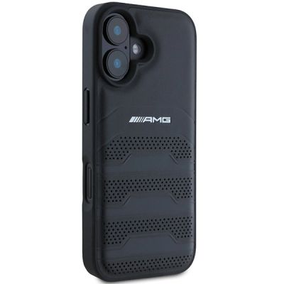 4. AMG Leather Debossed Lines Black Logo iPhone 16 Case - Black