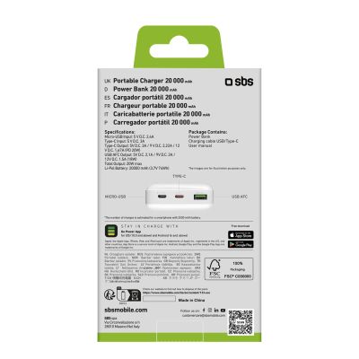 3. Powerbank SBS TTBB20000PD20W 20000 mAh 20W Power Delivery with MicroUSB, USB-C, USB-A - white