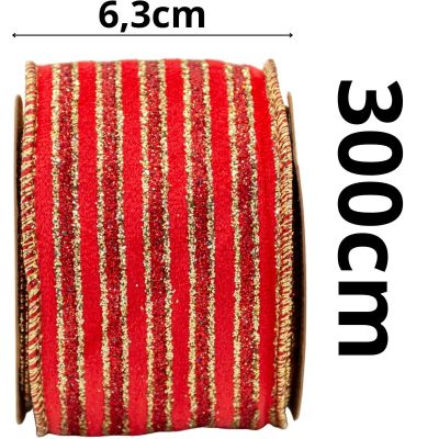 9. RIBBON GOLD STRIPES 6.3CMx3M RED