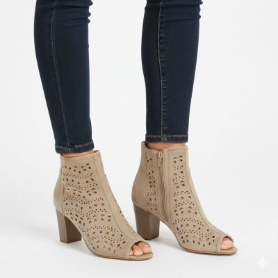 5. Women's openwork suede high-heeled ankle boots in beige Jezzi ASA283-8