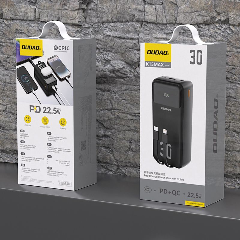 2. Dudao K15MAX 30000mAh PD 22.5W Powerbank with Built-in Cables - Black