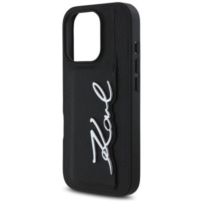 6. Karl Lagerfeld HC Grained PU Cardslot Metal Signature iPhone 16 Pro Case - Black