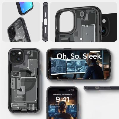 15. Spigen Ultra Hybrid Mag Case with MagSafe for iPhone 15 Plus - Dark Gray (Zero One Pattern)