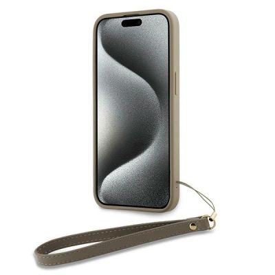 4. DKNY Wrist Strap Stock Logo case for iPhone 15 Pro - beige