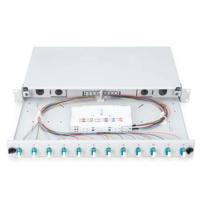 8. FO patch panel with equipment 19'' 1U, 12x LC dx, OM3, pigtails, adapters, trays, sliding, gray