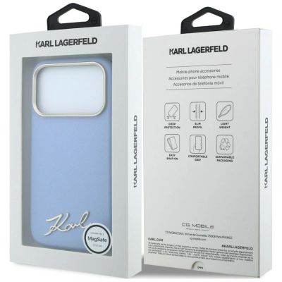 8. Karl Lagerfeld Saffiano Small Script Metal Logo MagSafe Case for iPhone 17 Pro / 18 Pro - Light Blue