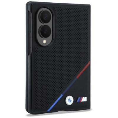 3. BMW M Leather Perforated Tricolor Stripe Metal Logos MagSafe Case for Samsung Galaxy Z Fold 8 - Black