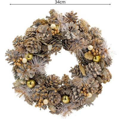 5. DECORATIVE WREATH 34 CM GOLD WITH PINES AND MICA BALLS