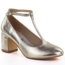 Shiny gold pumps with a strap on the block heel Mascara 834283