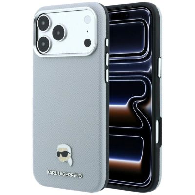 Karl Lagerfeld Grained Karl Head Metal MagSafe Case for iPhone 18 Pro / 17 Pro - Gray