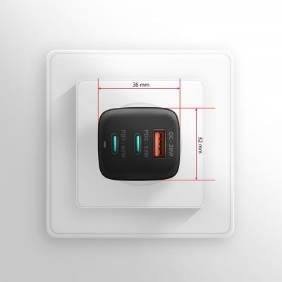 8. AXAGON ACU-DPQ65 Wall charger, GaN 65W, 3x port (USB-A + dual USB-C), PD3.0/QC4+/PPS/Apple