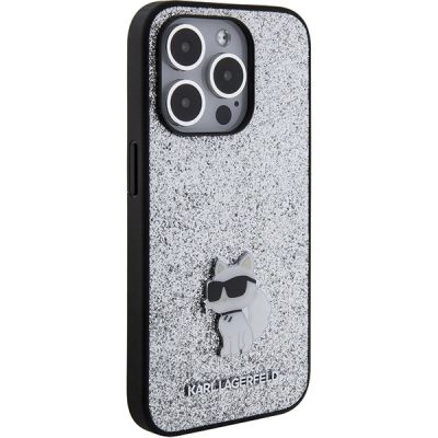 4. Karl Lagerfeld Fixed Glitter Choupette Logo Metal Pin Case for iPhone 15 Pro - Silver