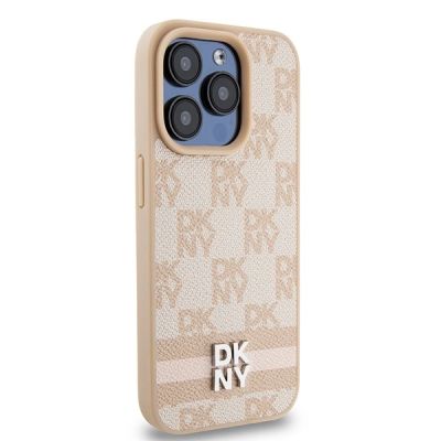 4. DKNY Leather Checkered Mono Pattern & Printed Stripes case for iPhone 15 Pro - pink
