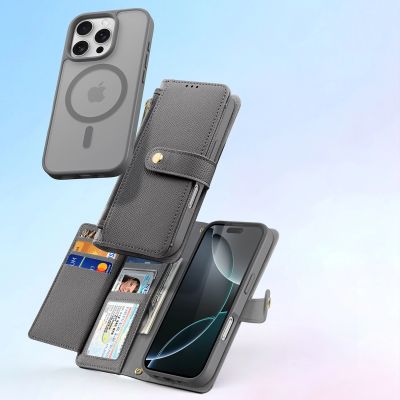 3. Dux Ducis Lawa iPhone 16 Pro Leather Case with Detachable Magnetic Wallet - Gray