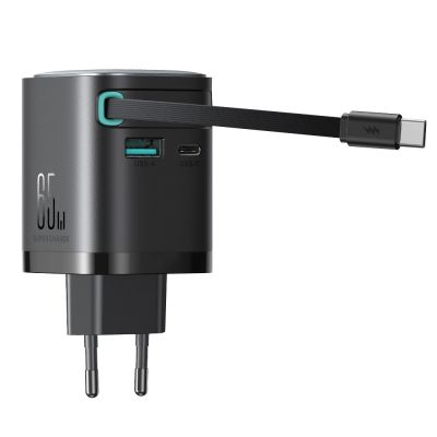6. Joyroom JR-TCL02 65W USB-A USB-C GaN charger with built-in USB-C cable - black