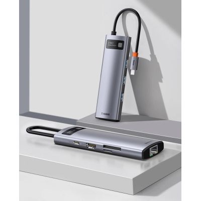 12. Baseus Metal Gleam 8in1 USB-C Hub - USB-C PD 100W 1x HDMI 4K 30Hz 1x SD and microSD card reader 3x USB-A 3.2 1xRJ45 - gray