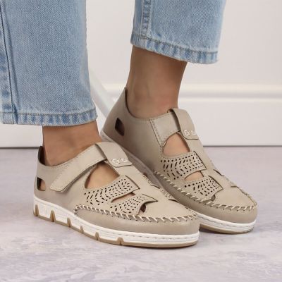 16. Rieker W RKR651 beige leather velcro openwork shoes