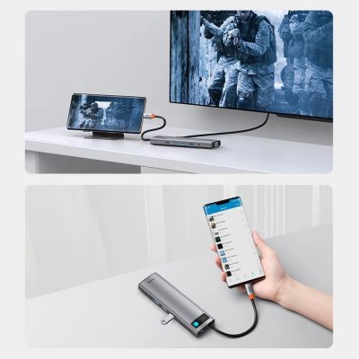 24. Baseus Metal Gleam 11in1 multifunctional USB Type C HUB - 3x USB 3.2 Gen 1 5Gbps / USB Type C PD 100W / 3.5 mm mini jack AUX / VGA Full HD 60Hz / 2x HDMI 4K 30Hz / TF and SD card reader / RJ45 1Gbps gray (CAHUB-CT0G)