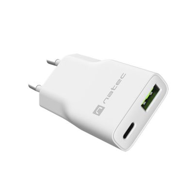 6. NATEC RIBERA GAN SLIM WALL CHARGER USB-A USB-C 20W WHITE