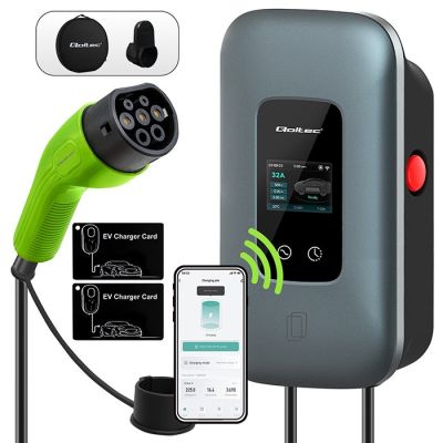 4. Qoltec EV Charging Station Type 2 for Electric and Hybrid Vehicles | 3 Phases | 22 kW | 32 A | Wi-Fi | LCD | RFID | Smart Life | TUYA | Wallbox | 5 m