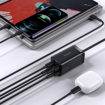 13. Baseus GaN3 Pro fast charger GaN 2 x USB Type C / 2 x USB 65W PD, QC4.0+, AFC, PPS + cable USB Type C - USB Type C 1m black (CCGP040101)