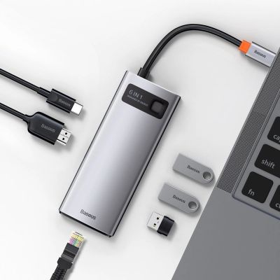 10. Baseus Metal Gleam 6-in-1 USB-C - USB-C PD 100W HUB 1x HDMI 4K 30Hz 3x USB-A 3.2 1x RJ45 - gray