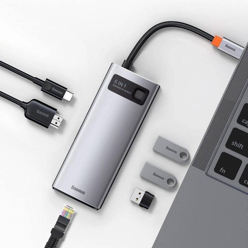 10. Baseus Metal Gleam 6-in-1 USB-C - USB-C PD 100W HUB 1x HDMI 4K 30Hz 3x USB-A 3.2 1x RJ45 - gray