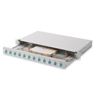 5. FO patch panel with equipment 19'' 1U, 12x LC dx, OM3, pigtails, adapters, trays, sliding, gray
