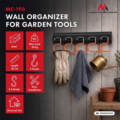 MACLEAN WALL ORGANIZER FOR GARDEN TOOLS MACLEAN WALL ORGANIZER FOR GARDEN TOOLS, STEEL, WITH HOOKS, MAX. O