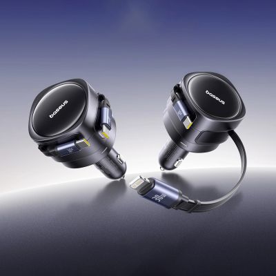 8. Baseus Enjoyment Max 60W Car Charger with Retractable USB-C and Lightning Cables - Black