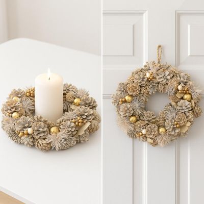 18. DECORATIVE WREATH 34 CM GOLD WITH PINES AND MICA BALLS