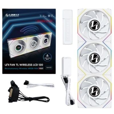 Lian Li UNI FAN TL Wireless LCD Lüfter fan, ARGB, PWM, 3er-Pack incl. Controller - Reverse Blade, 120 mm, weiß
