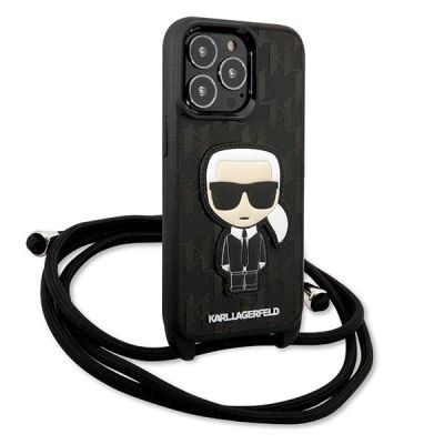 3. Karl Lagerfeld Leather Monogram Patch and Cord Iconik Case for iPhone 13 Pro / 13 - Black