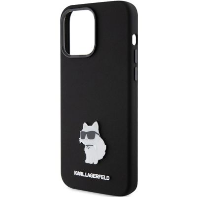 6. Karl Lagerfeld Silicone Choupette Metal Pin case for iPhone 15 Pro Max - black